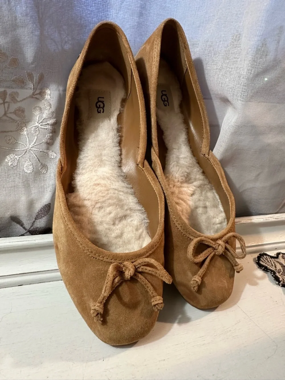 UGG Chestnut Suede Shearling Ballet Flats with Bow - Picture 8 of 11